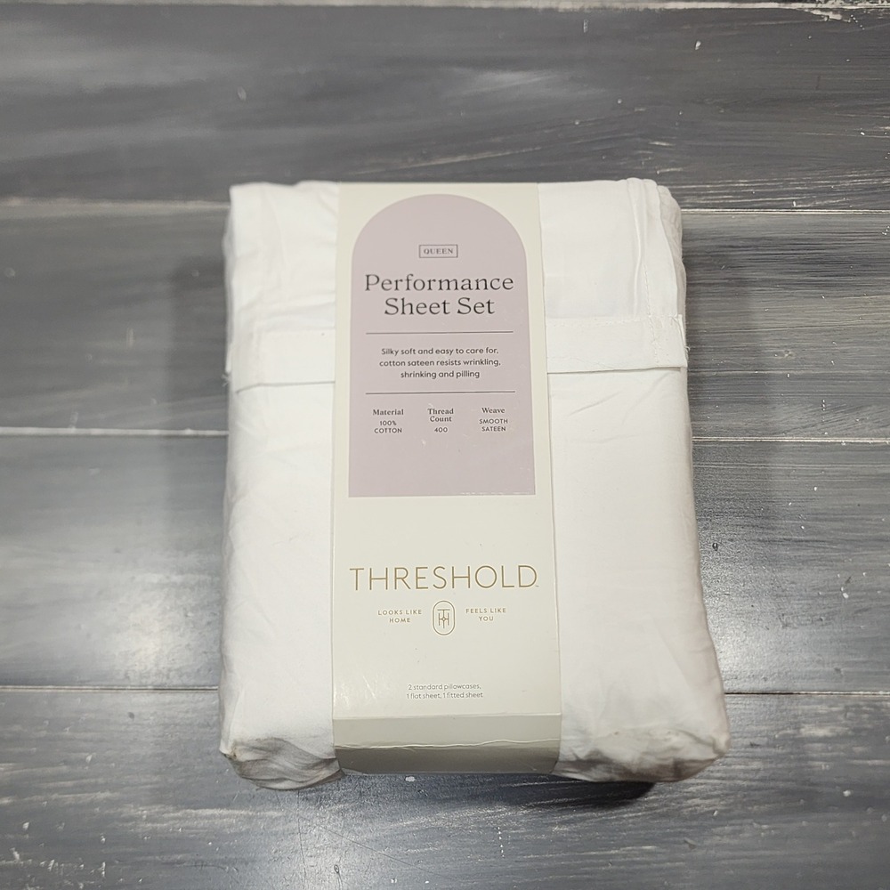 Threshold Performance Queen Sheet Set 400 Thread Count White Cotton Sateen NEW